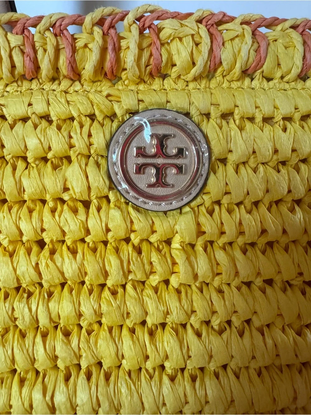 Tory Burch Yellow and Pink Straw Tote with Tassel Charm
